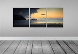 Canvas Wrap Triptych Wall Art - Calm Before the Storm - Colourful Orange Sunset reflects onto the sea with Stormy Clouds over Llandudno Pier, North Wales.