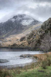 Clouds over Tryfan, Snowdonia - Low clouds skim over the summit of Tryfan, taken from the lakeside of Llyn Ogwen in Snowdonia, North Wales