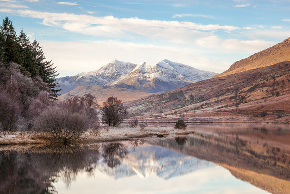Snowdon Horseshoe Reflections, Capel Curig - North Wales. A Winter's scene looking across the mirror like reflection of llyn mymbyr towards Snowdon Horseshoe. Smart Imaging & Framing Landscape Photography