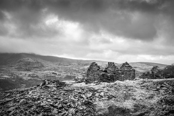 B&W No Shelter from the Storm - Dinorwic Quarry - A stormy day in Snowdonia National Park with the grey sky above imitating the slate colour below