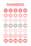 Set of six illustrated prints including Alphabet & Numbers - Pink & Grey