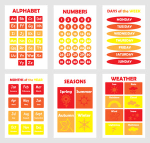 Set of six illustrated prints including Alphabet & Numbers - Oranges & Yellow