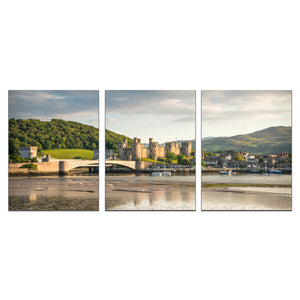Canvas Wrap Triptych Wall Art - Conwy Castle, Harbour & Quay. An early evening panorama of Conwy Castle and Quay with the glow of sunset bathing the castle in a nice, soft light.