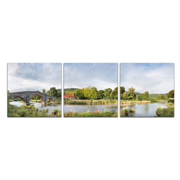 Along the Riverbank - Ivy Cafe, Llanrwst - Panoramic Canvas Wrap Triptych